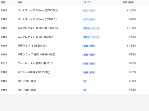 資材発注アプリの商品管理画面（一部）