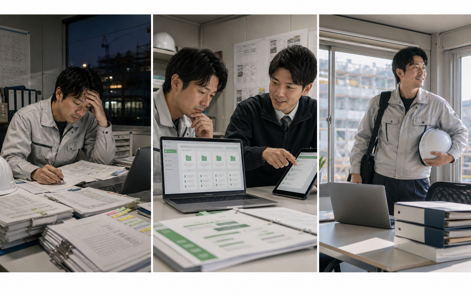 安全書類の作成負担を整理して軽くする紙芝居風イメージ