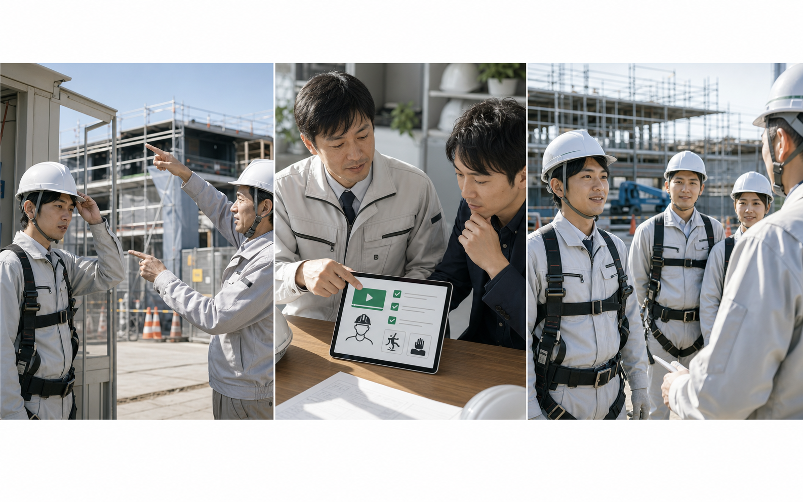 新人や新規入場者への説明をそろえる紙芝居風イメージ