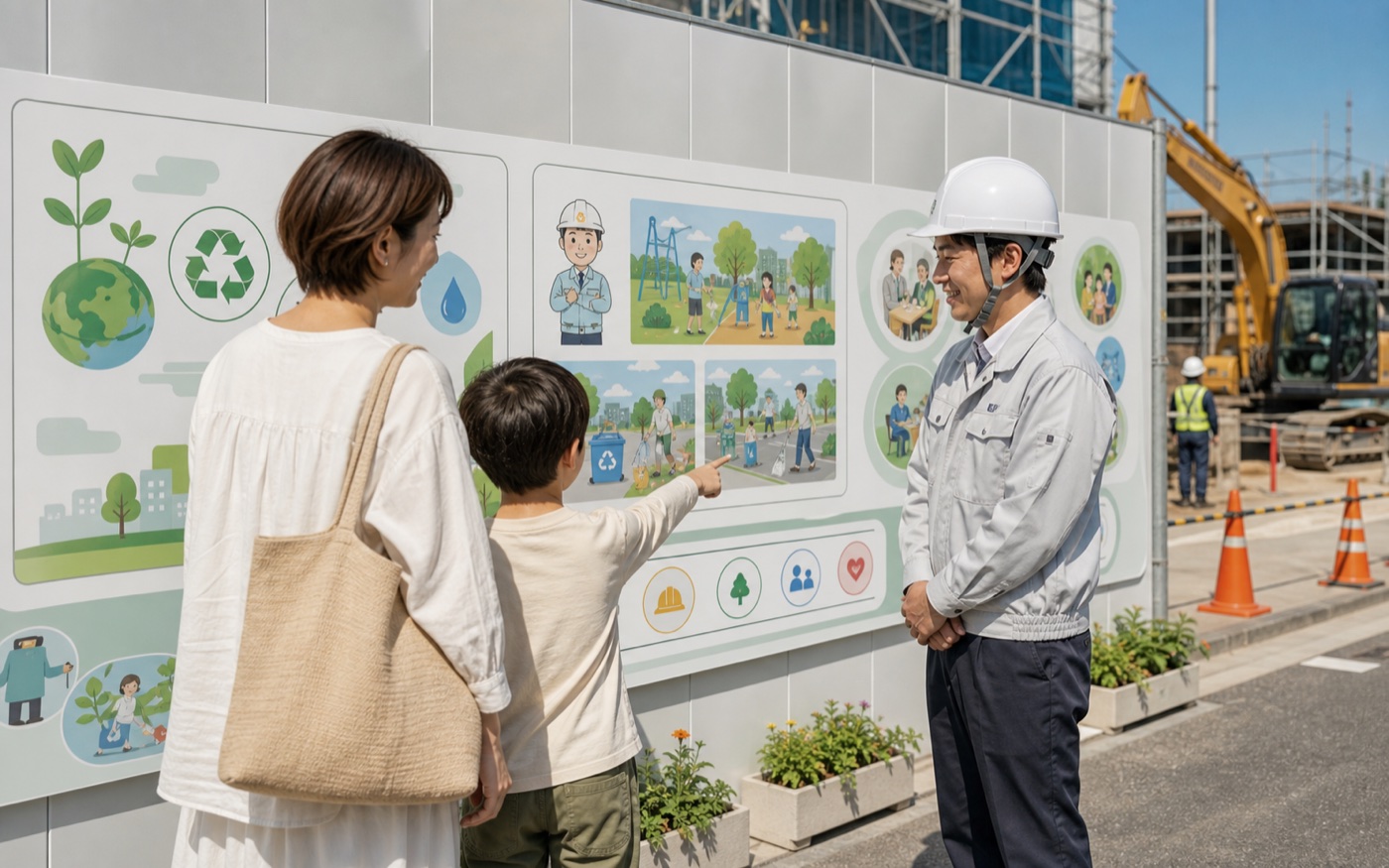 地域の親子が工事現場の仮囲いで環境教育コンテンツを見ている様子