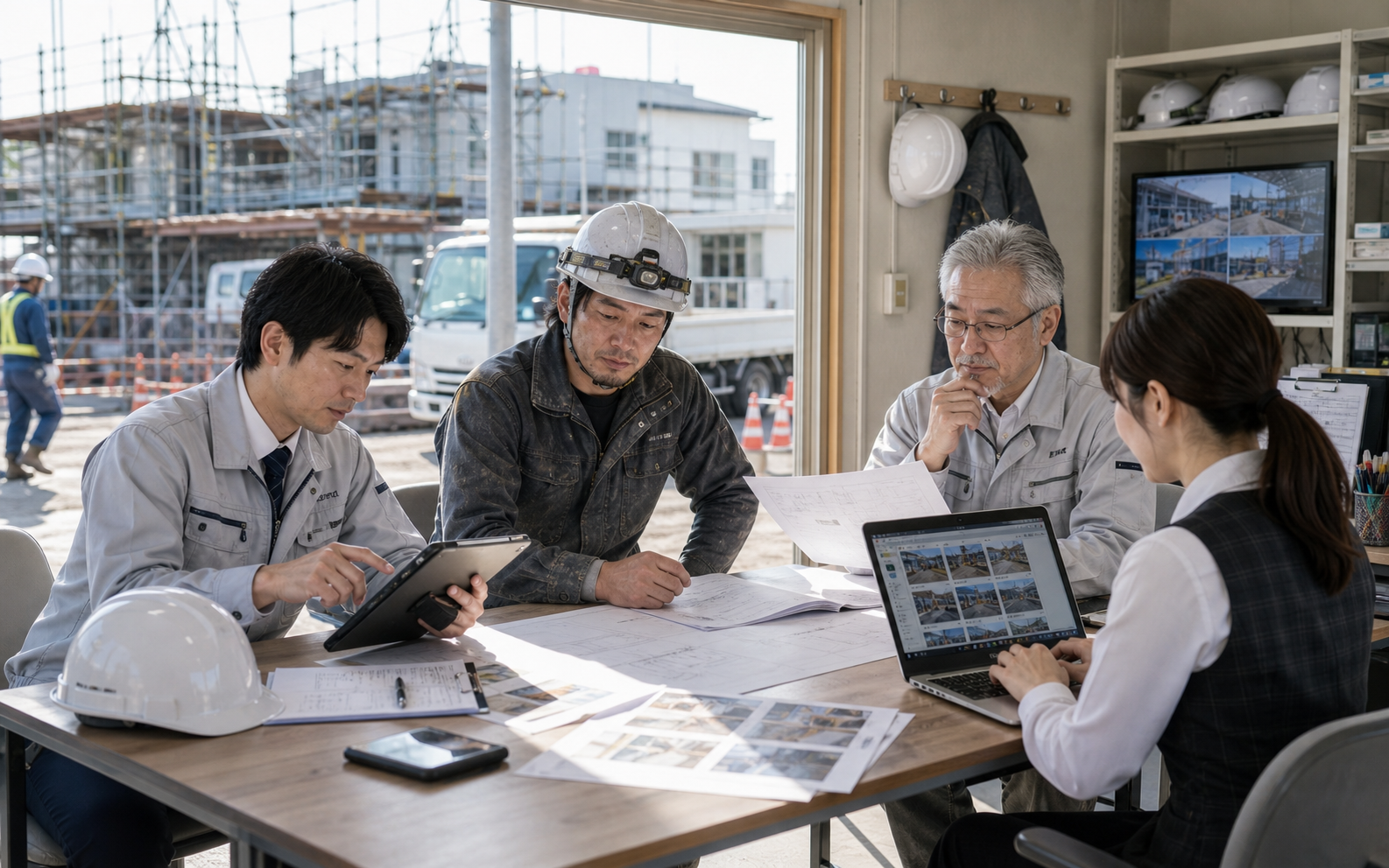 現場監督、職人、建設会社、管理部門が現場課題を整理しているイメージ