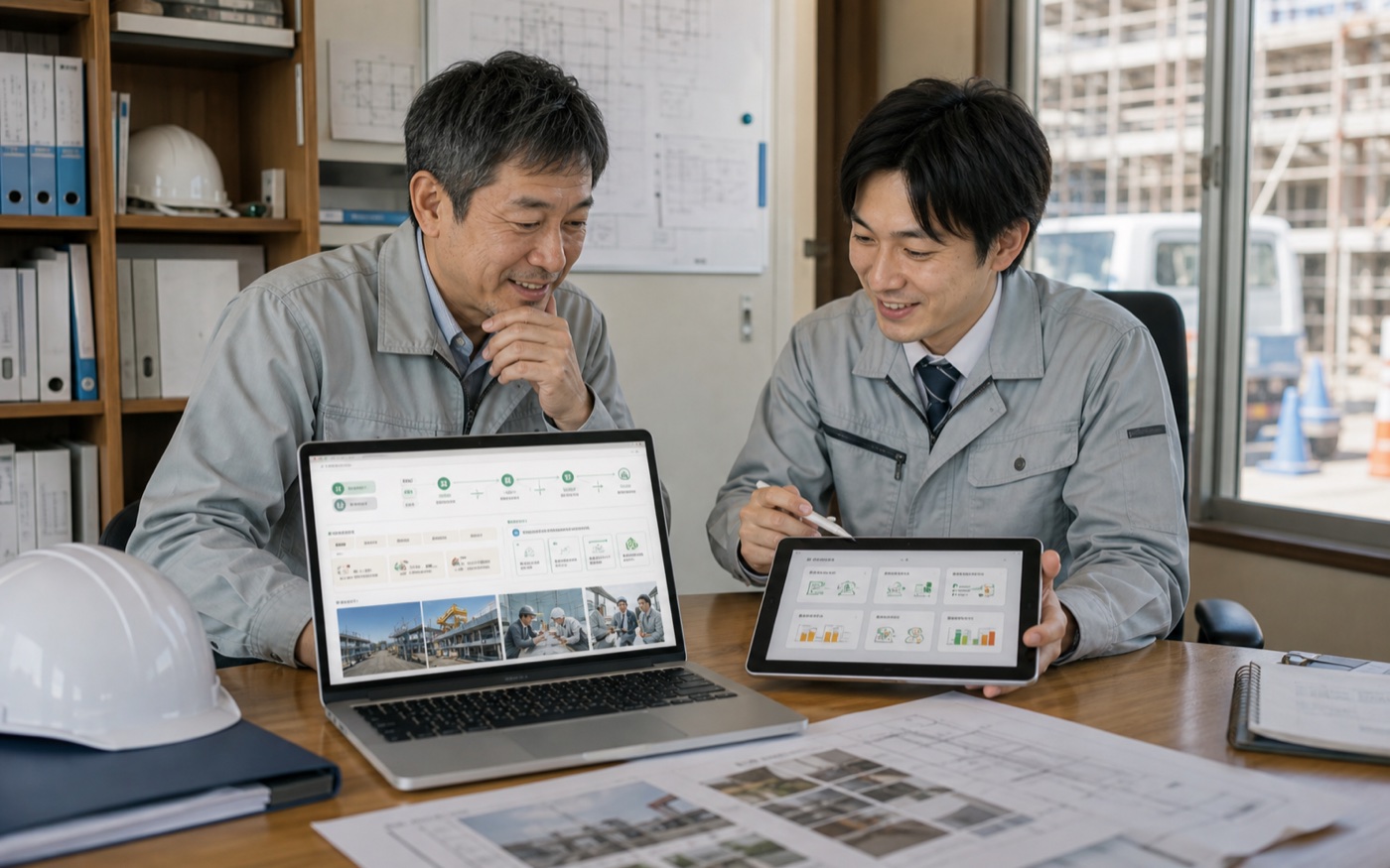 建設会社の経営者が現場ノウハウを仕組み化している様子