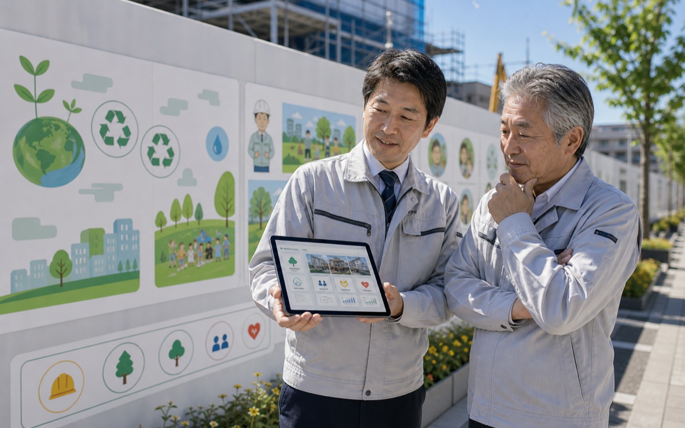 建設会社の事業主が仮囲い活用を確認している様子