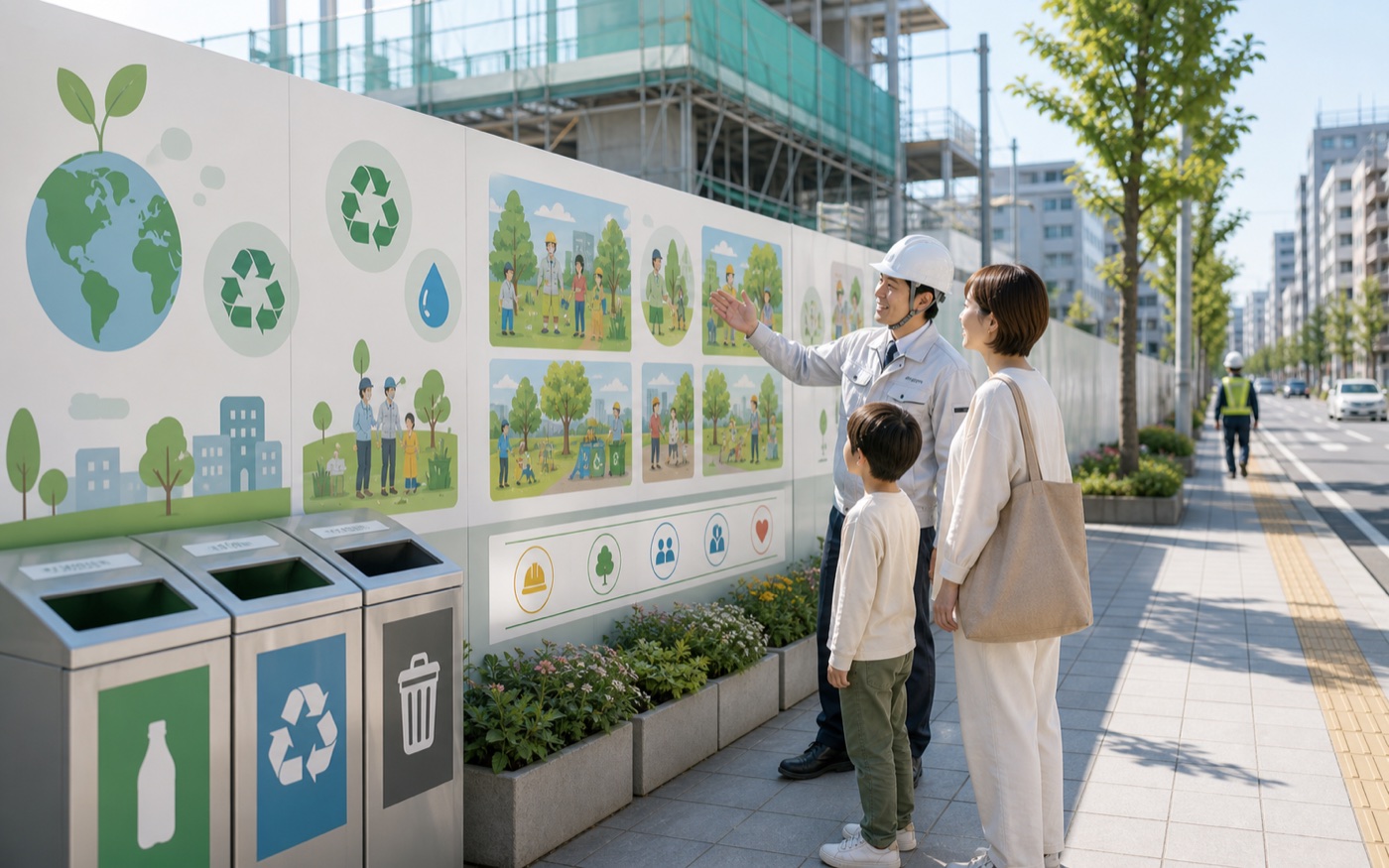 工事現場の仮囲いが地域と環境の接点になる様子