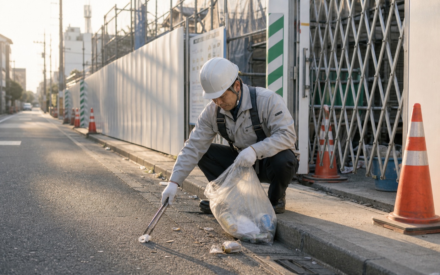 工事現場の外側でゴミ拾いをしている様子